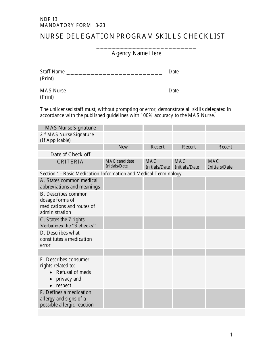 Form NDP13 Nurse Delegation Program Skills Checklist - Alabama, Page 1