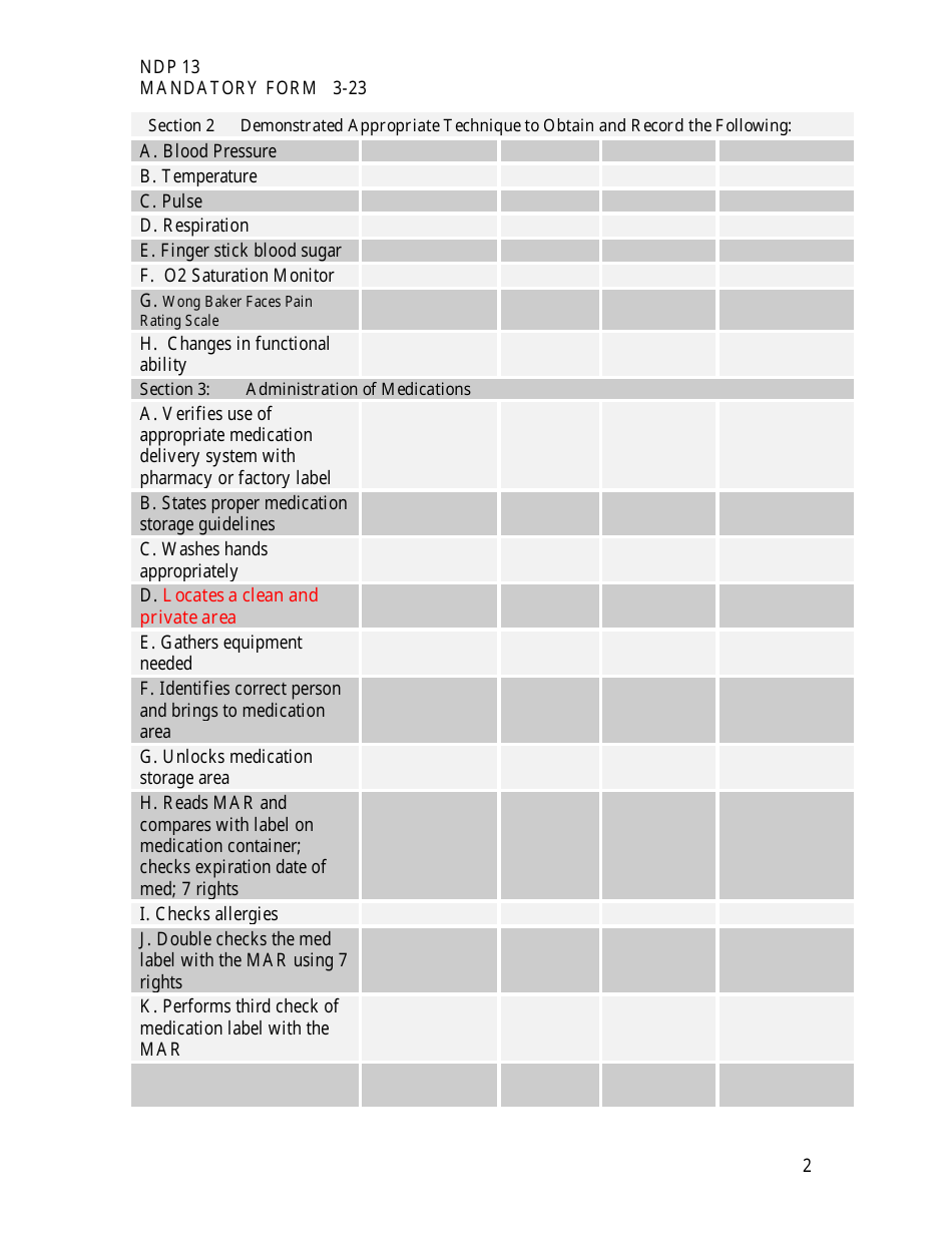 Form NDP13 Nurse Delegation Program Skills Checklist - Alabama, Page 2