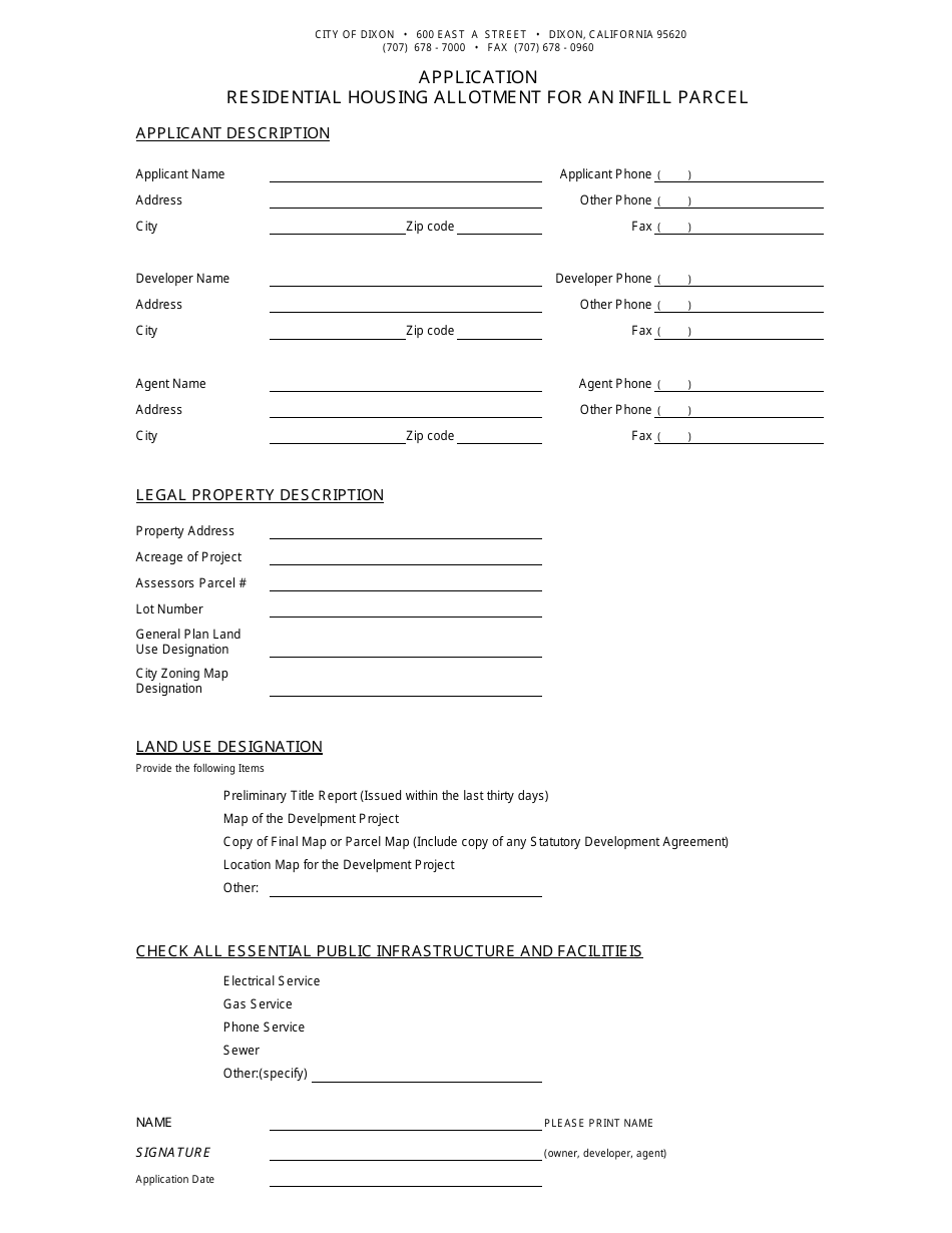 Residential Housing Allotment Application for an Infill Parcel - City of Dixon, California, Page 1