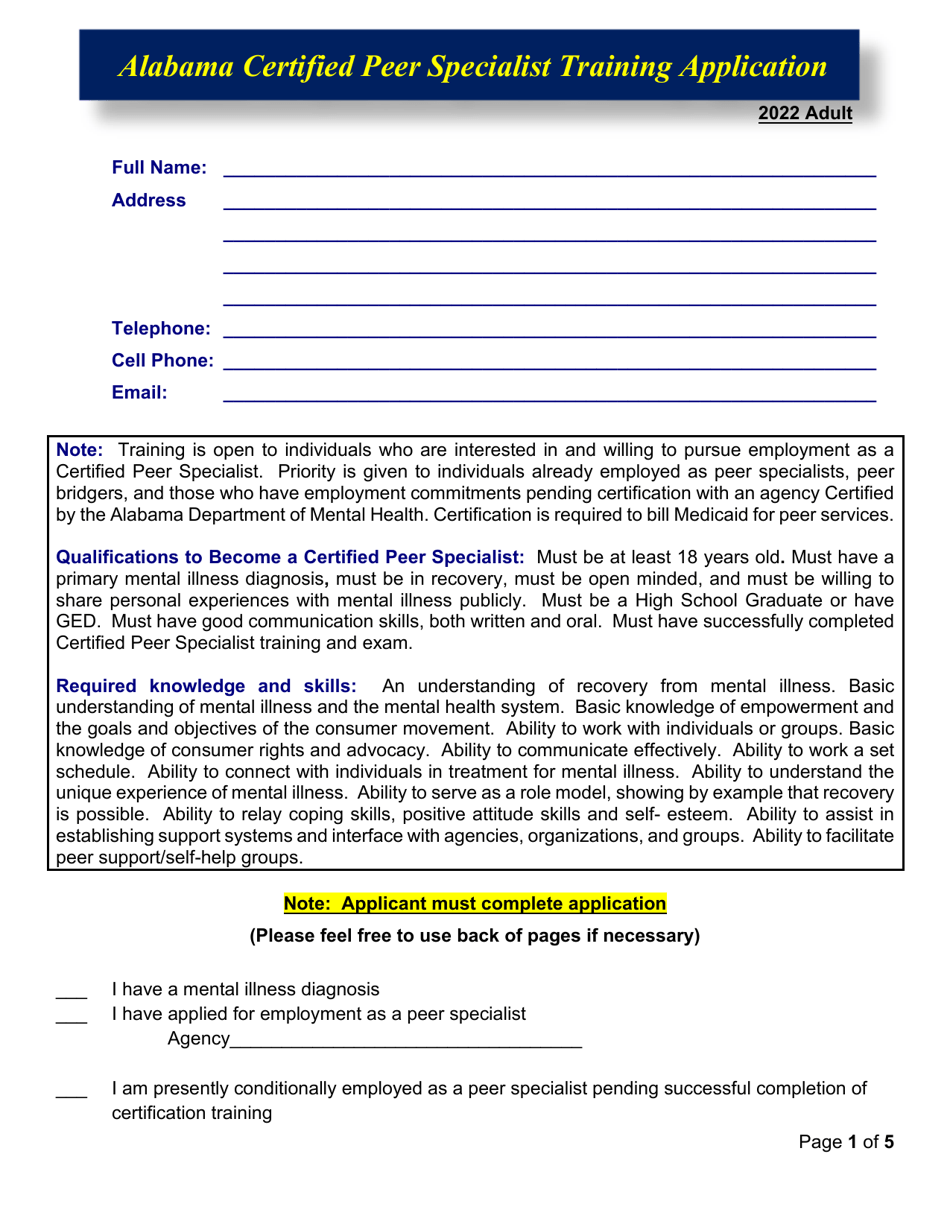 Alabama Certified Peer Specialist Training Application - Alabama, Page 1