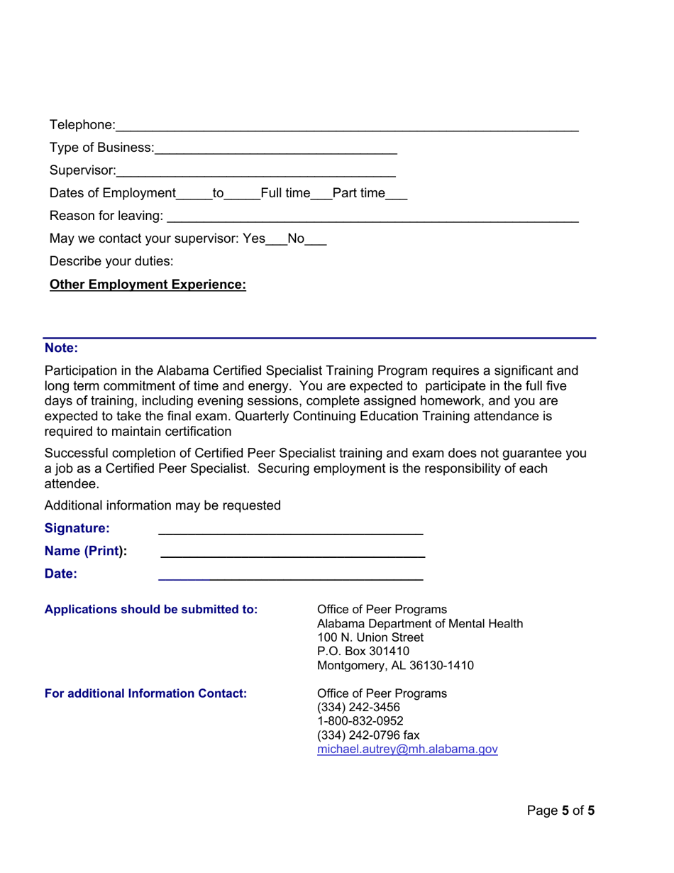Alabama Certified Peer Specialist Training Application - Alabama, Page 5