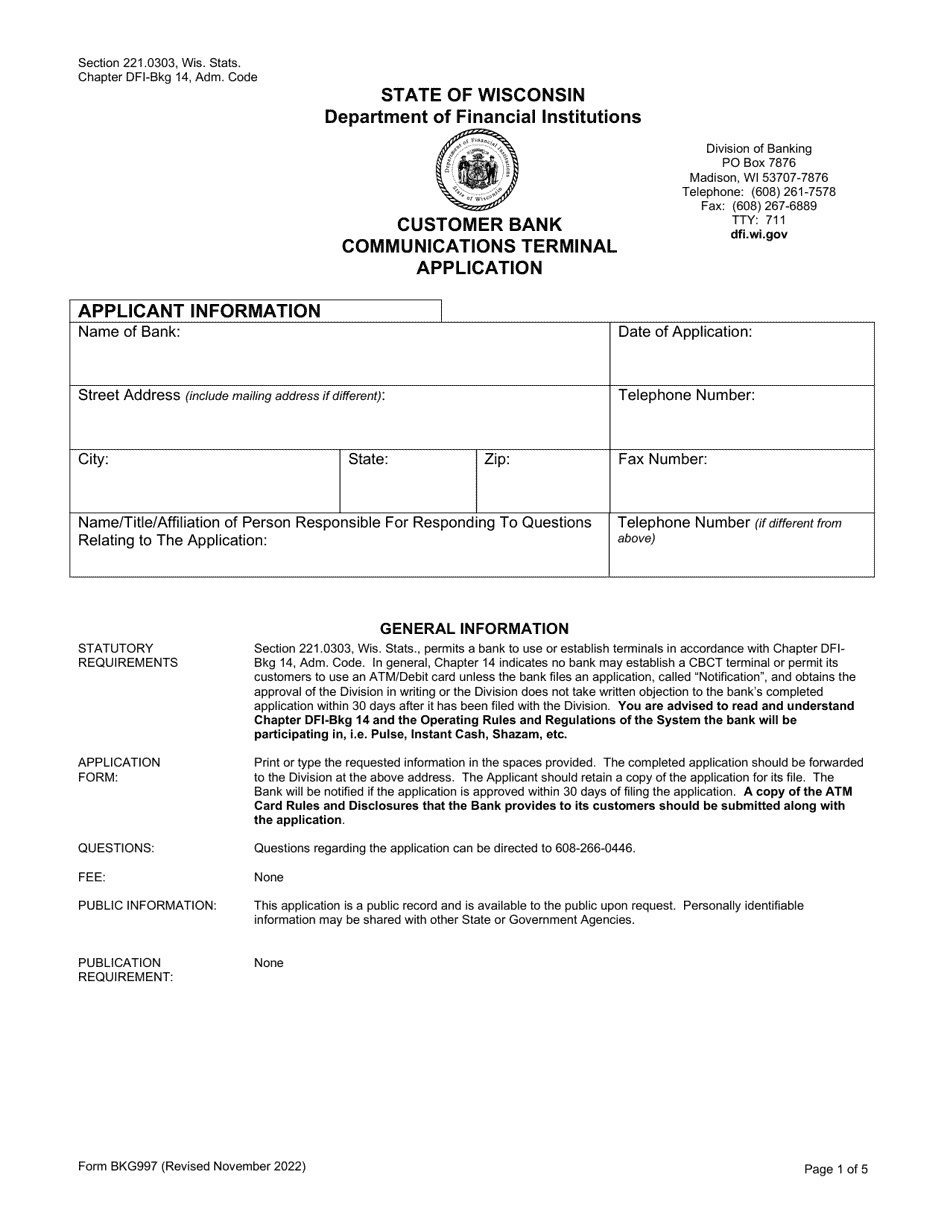 Form BKG997 Customer Bank Communications Terminal Application - Wisconsin, Page 1