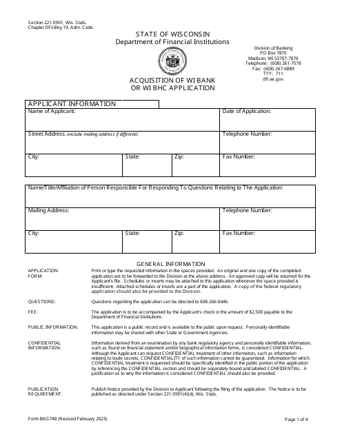 Form BKG748 Acquisition of Wi Bank or Wi Bhc Application - Wisconsin