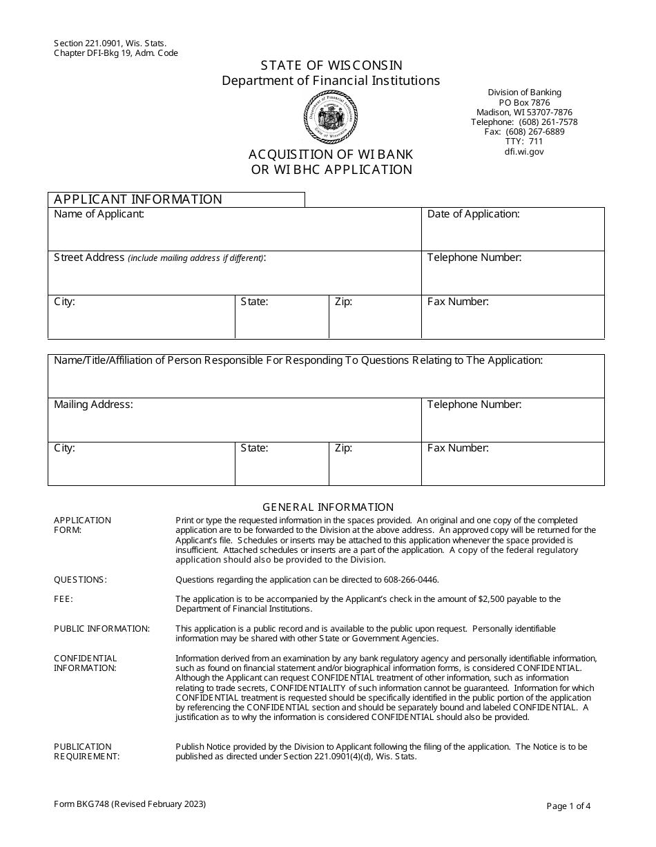 Form BKG748 Acquisition of Wi Bank or Wi Bhc Application - Wisconsin, Page 1