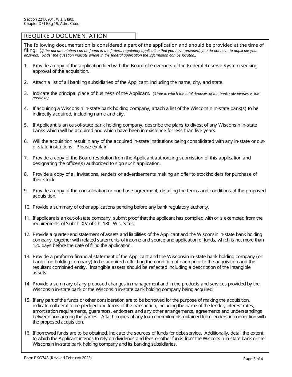 Form BKG748 Acquisition of Wi Bank or Wi Bhc Application - Wisconsin, Page 3