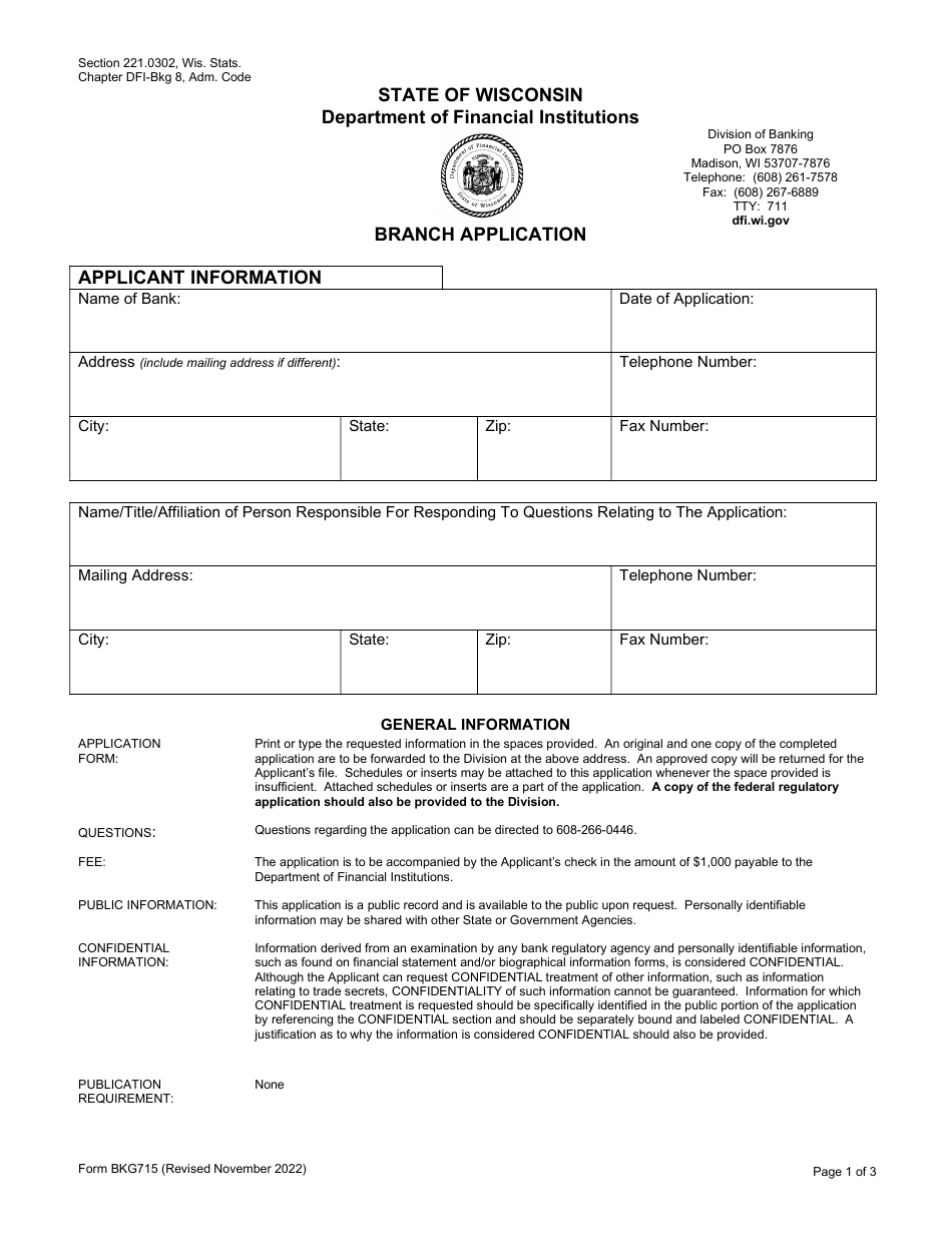 Form BKG715 Branch Application - Wisconsin, Page 1