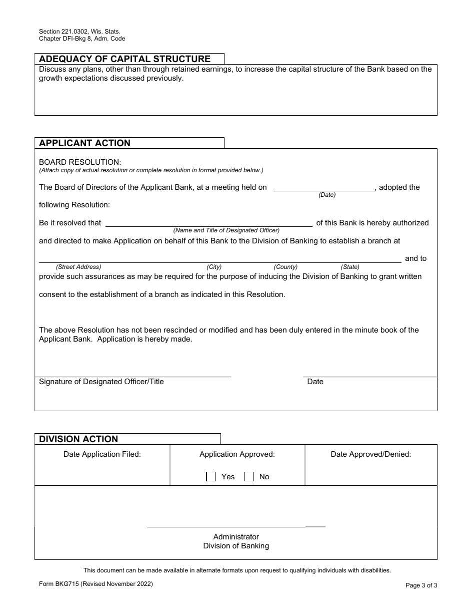 Form BKG715 Branch Application - Wisconsin, Page 3