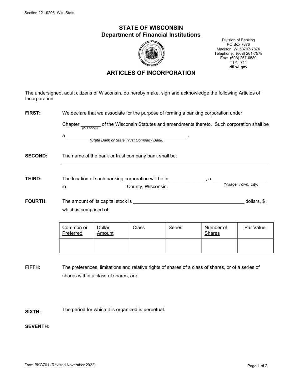 Form BKG701 Articles of Incorporation - Wisconsin, Page 1