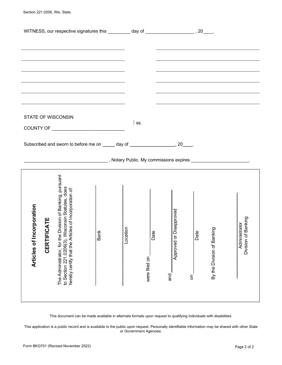 Form BKG701 Articles of Incorporation - Wisconsin, Page 2