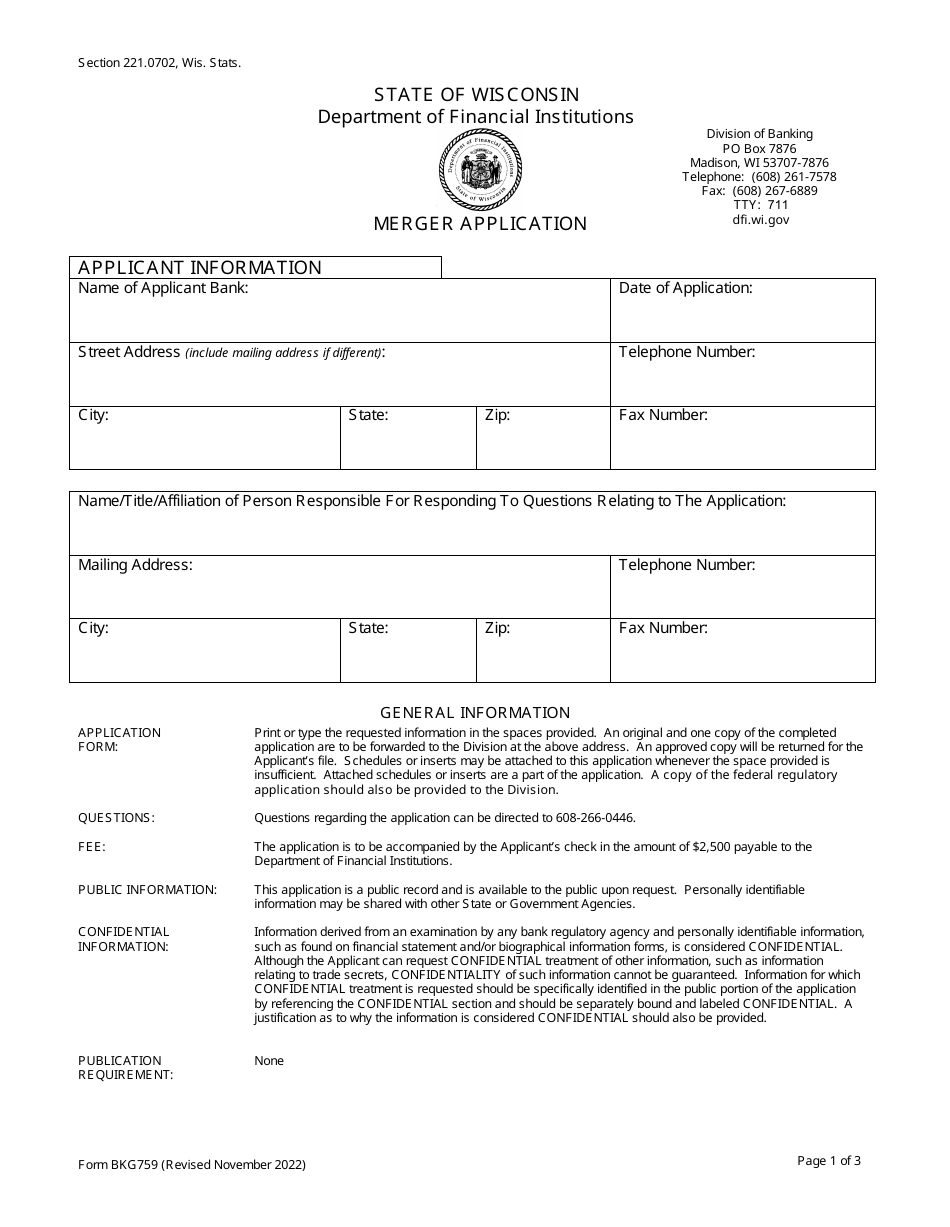 Form BKG759 Merger Application - Wisconsin, Page 1