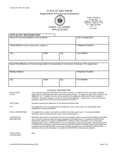 Form BKG995 Share Exchange Application - Wisconsin