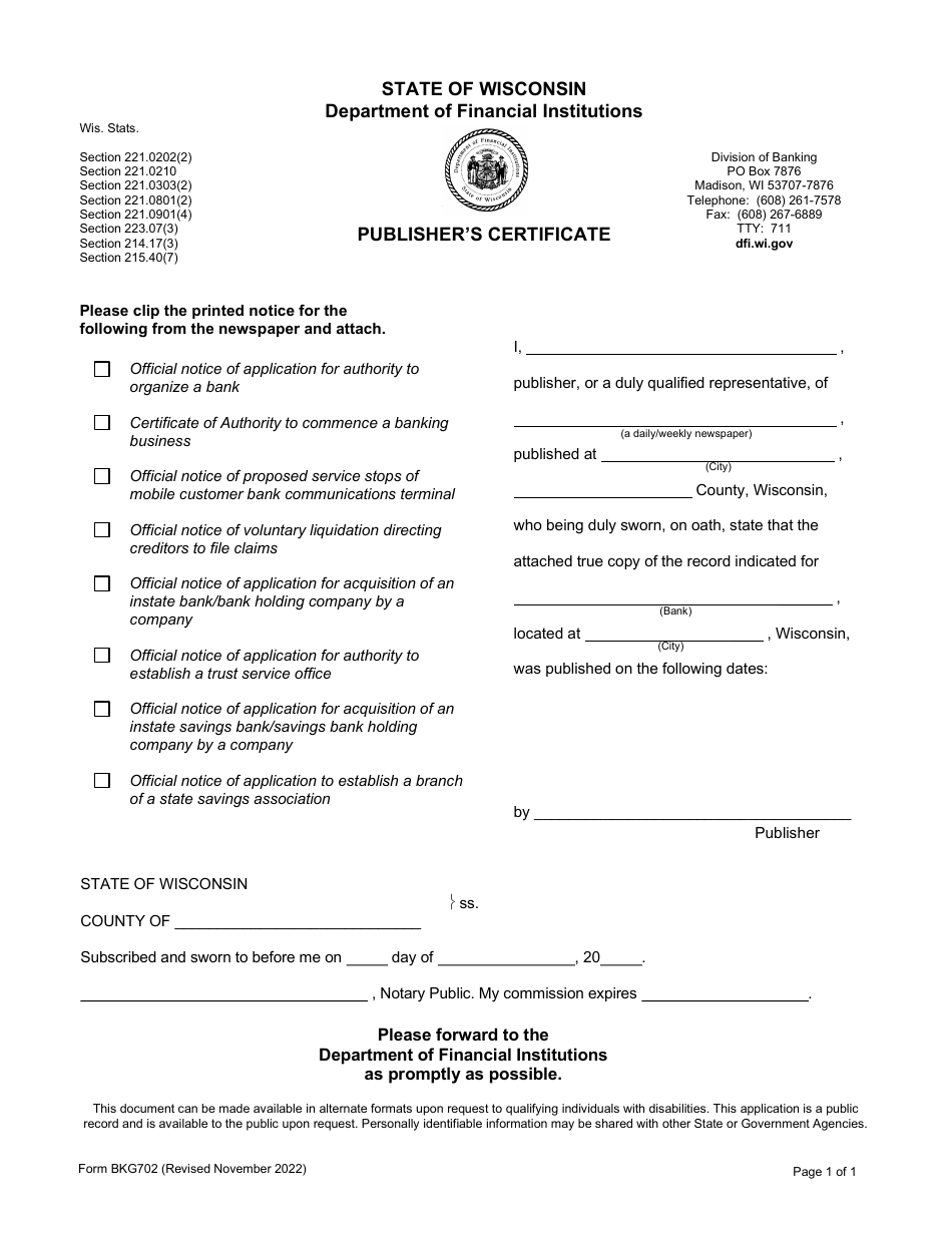 Form BKG702 Publishers Certificate - Wisconsin, Page 1