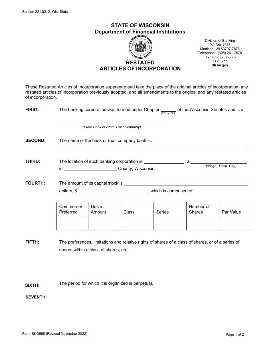 Form BKG998 Restated Articles of Incorporation - Wisconsin, Page 1