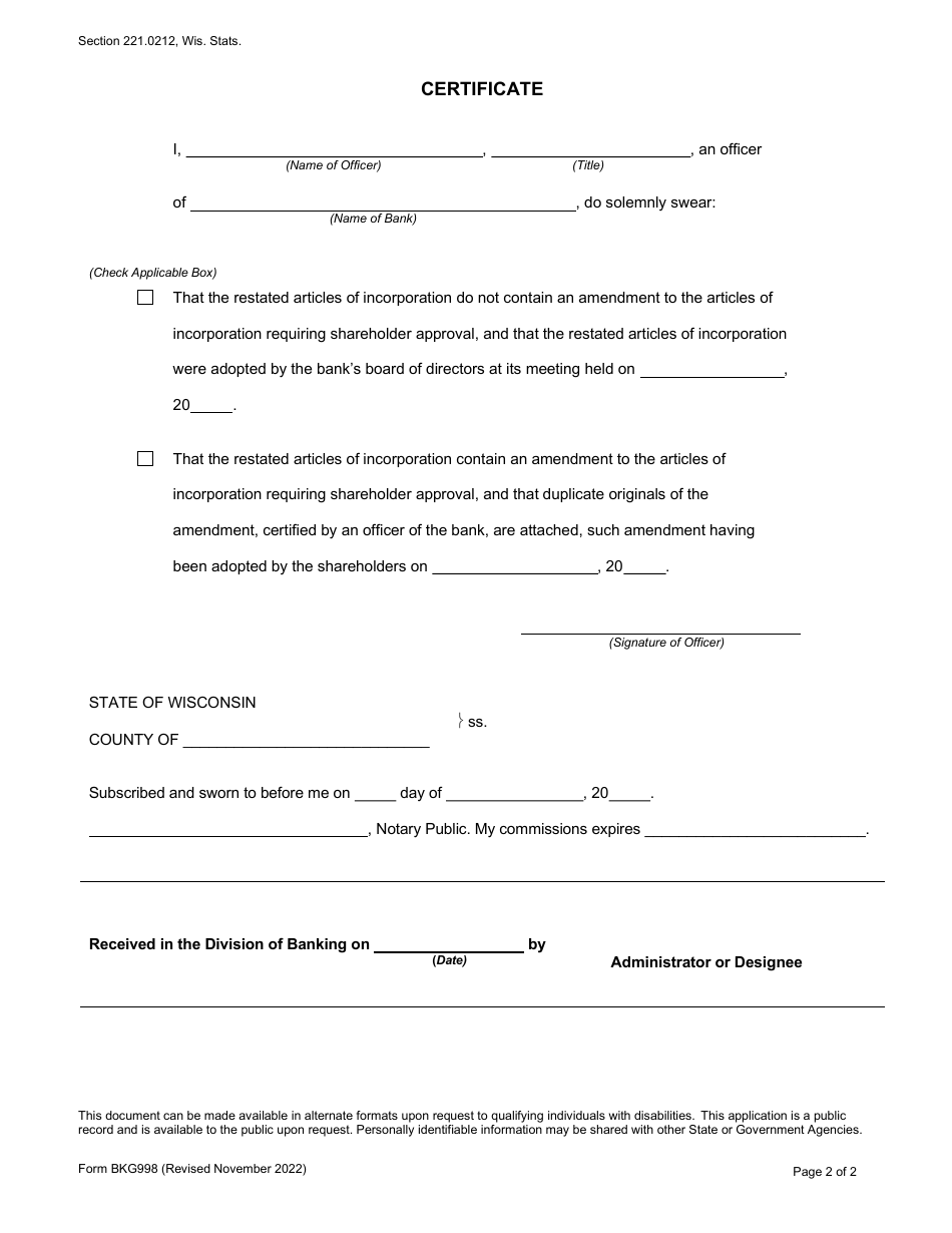 Form BKG998 Restated Articles of Incorporation - Wisconsin, Page 2