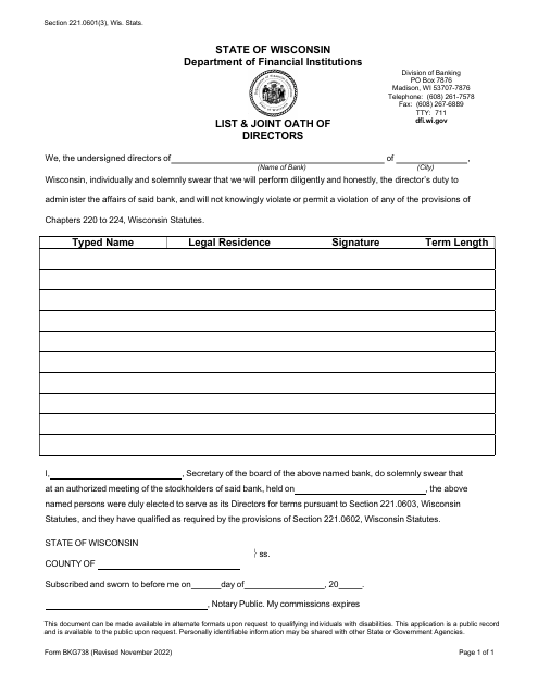 Form BKG738 List & Joint Oath of Directors - Wisconsin