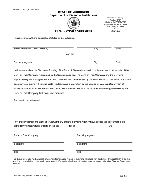 Form BKG744 Examination Agreement - Wisconsin