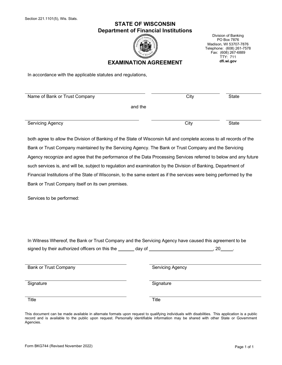 Form BKG744 Examination Agreement - Wisconsin, Page 1