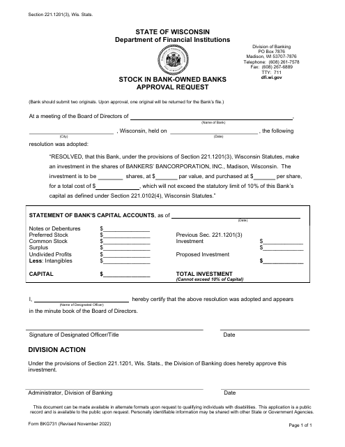 Form BKG731 Stock in Bank-Owned Banks Approval Request - Wisconsin