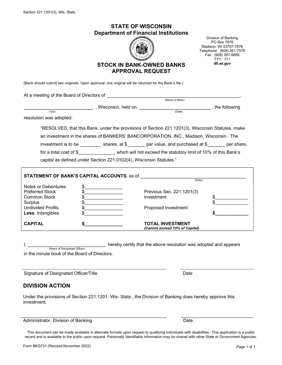 Form BKG731 Stock in Bank-Owned Banks Approval Request - Wisconsin, Page 1