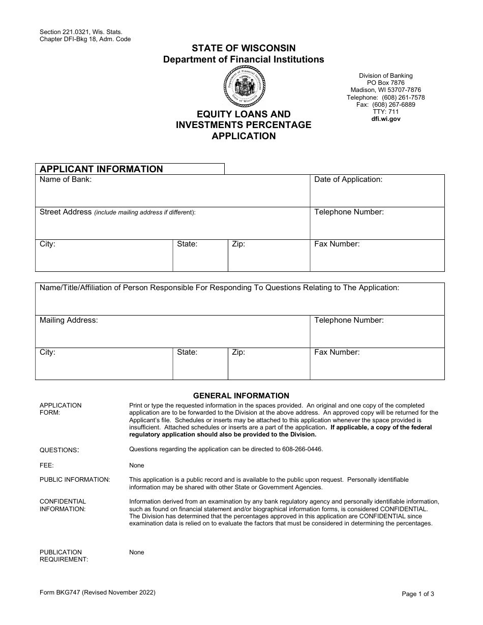 Form BKG747 Equity Loans and Investments Percentage Application - Wisconsin, Page 1