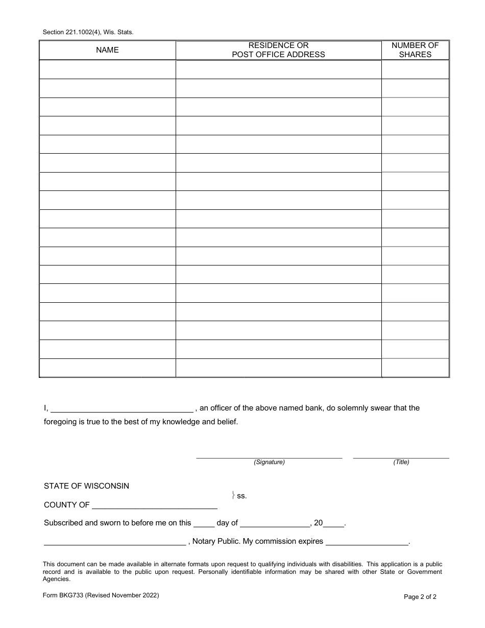 Form BKG733 Stockholders List - Wisconsin, Page 2