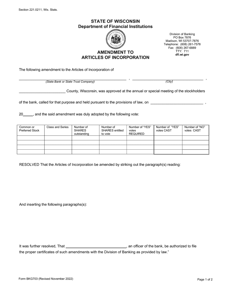 Form BKG703 Amendment to Articles of Incorporation - Wisconsin, Page 1