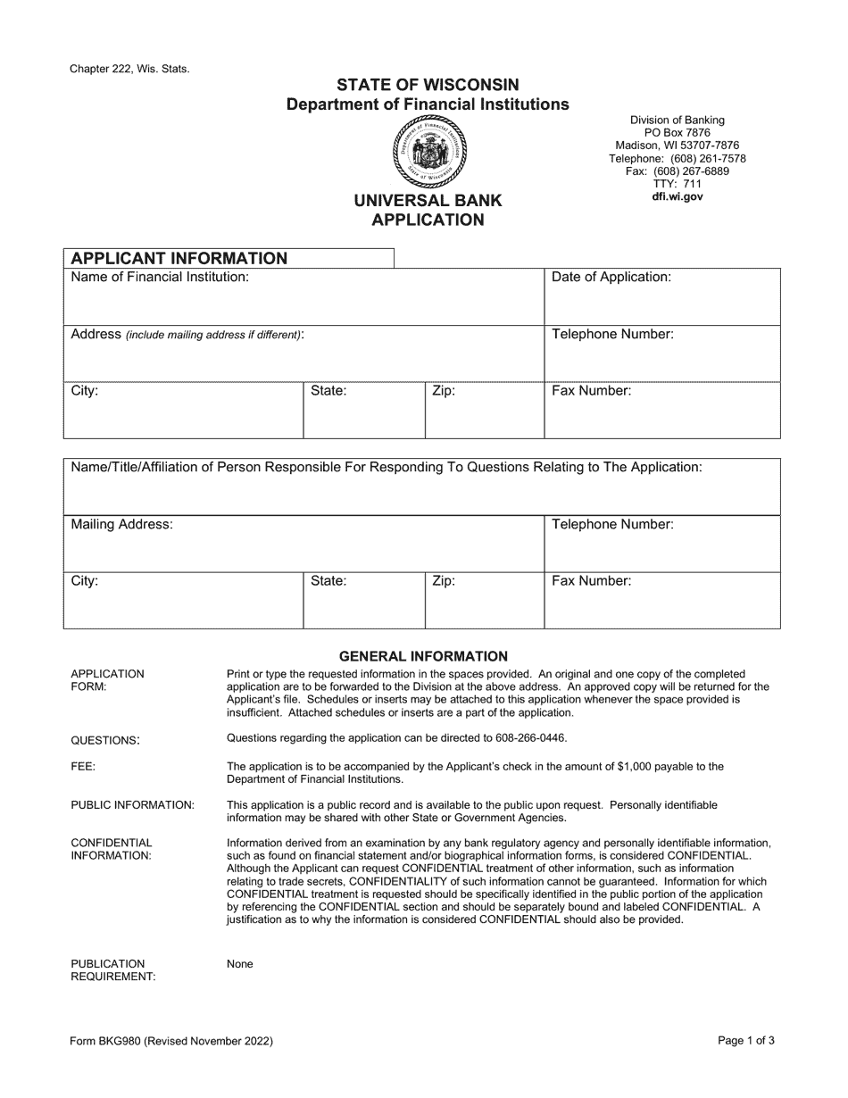 Form BKG980 Universal Bank Application - Wisconsin, Page 1