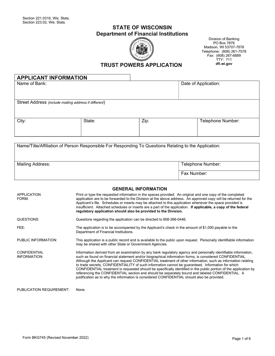 Form BKG745 Trust Powers Application - Wisconsin, Page 1