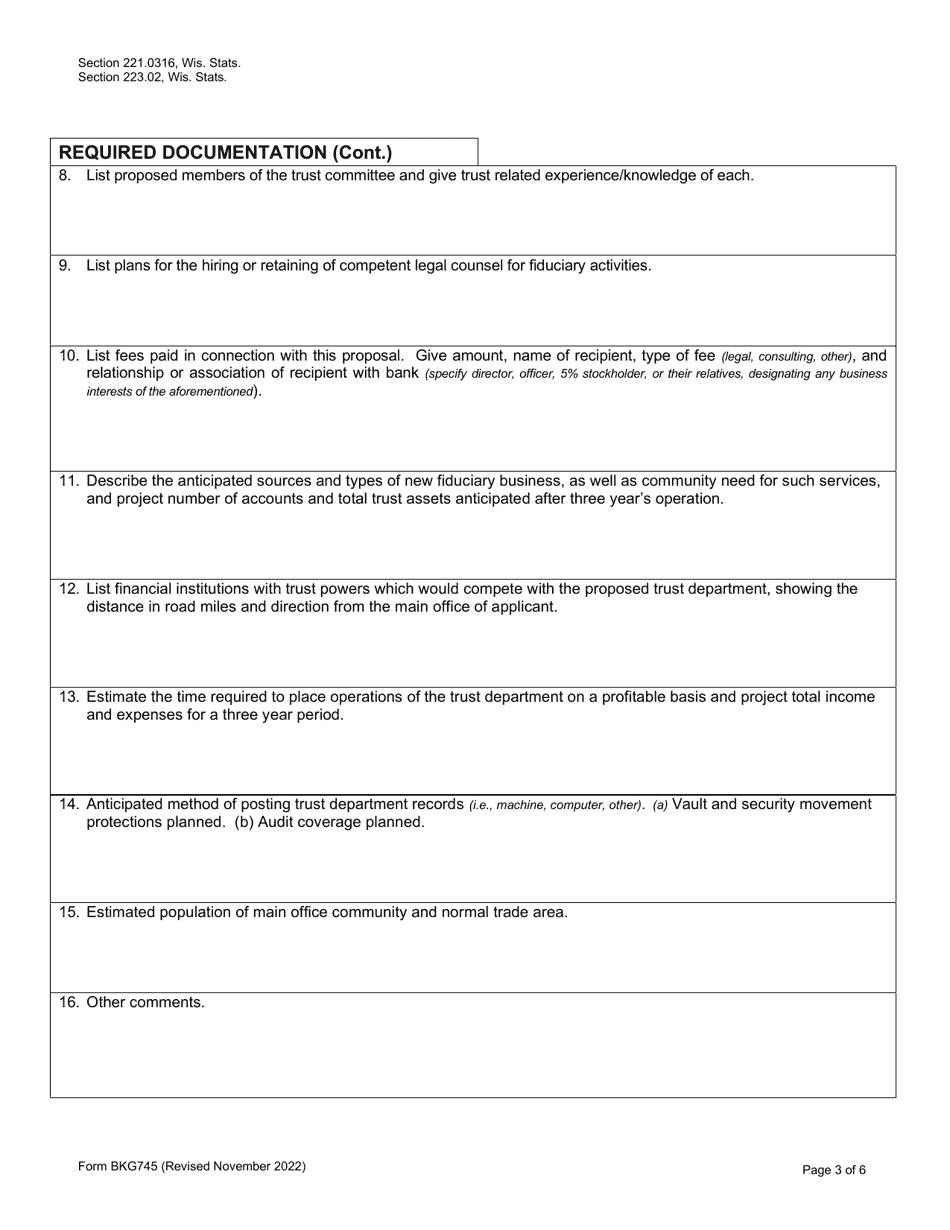 Form BKG745 Trust Powers Application - Wisconsin, Page 3