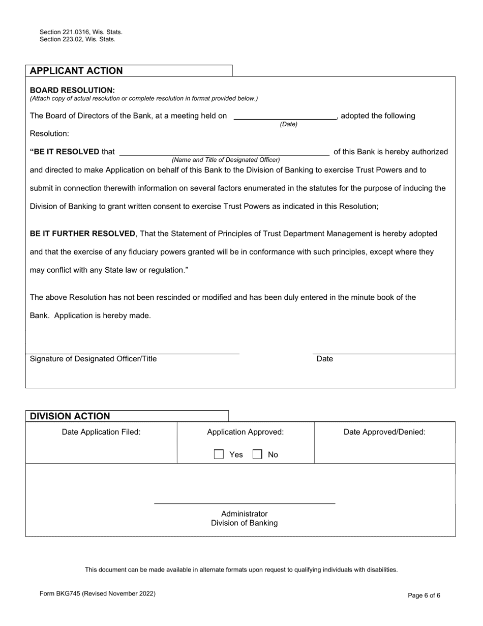 Form BKG745 Trust Powers Application - Wisconsin, Page 6
