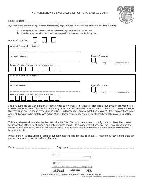 Authorization for Automatic Deposits to Bank Account - City of Dixon, California Download Pdf