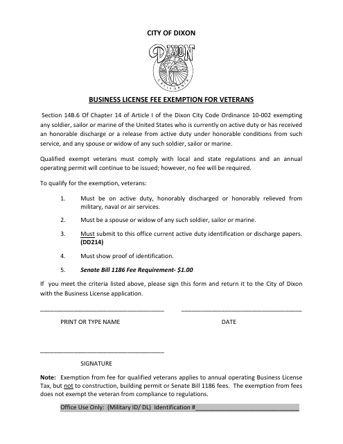 Business License Fee Exemption for Veterans - City of Dixon, California Download Pdf