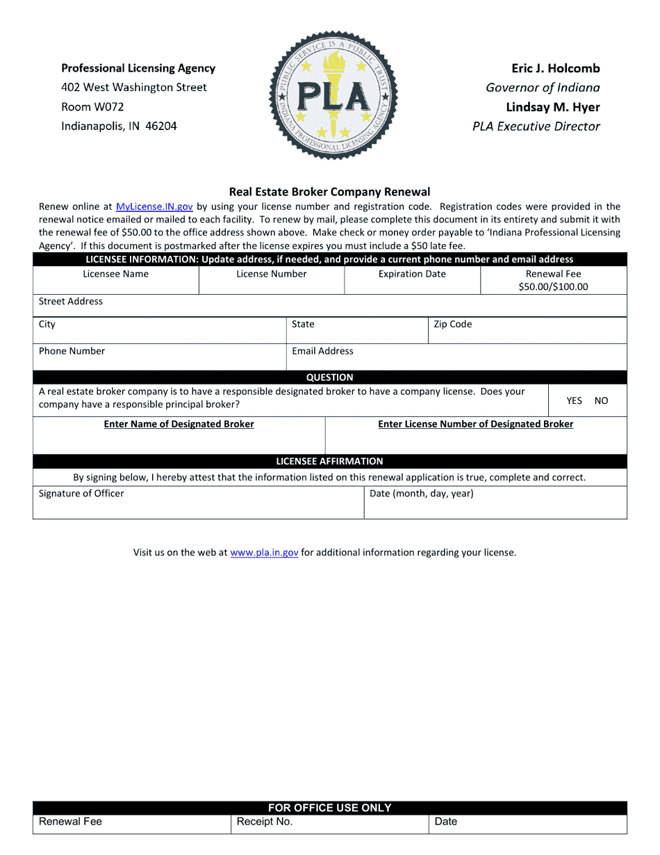 Indiana Real Estate Broker Company Renewal Fill Out, Sign Online and