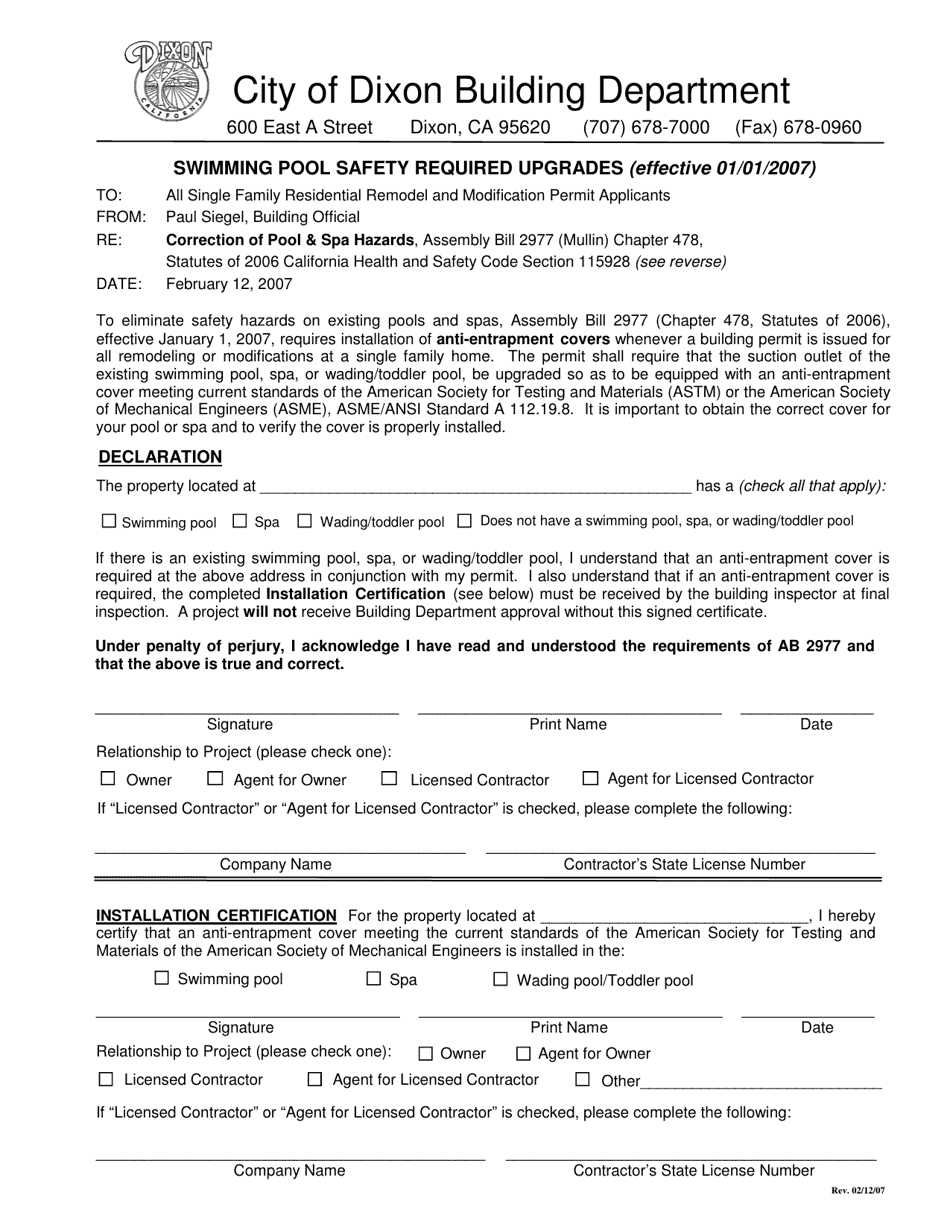 Swimming Pool Declaration Form - City of Dixon, California, Page 1