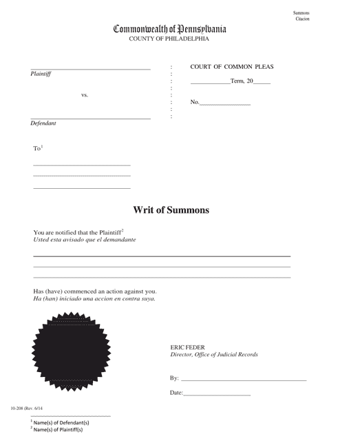 Form 10-208 Writ of Summons - Philadelphia County, Pennsylvania
