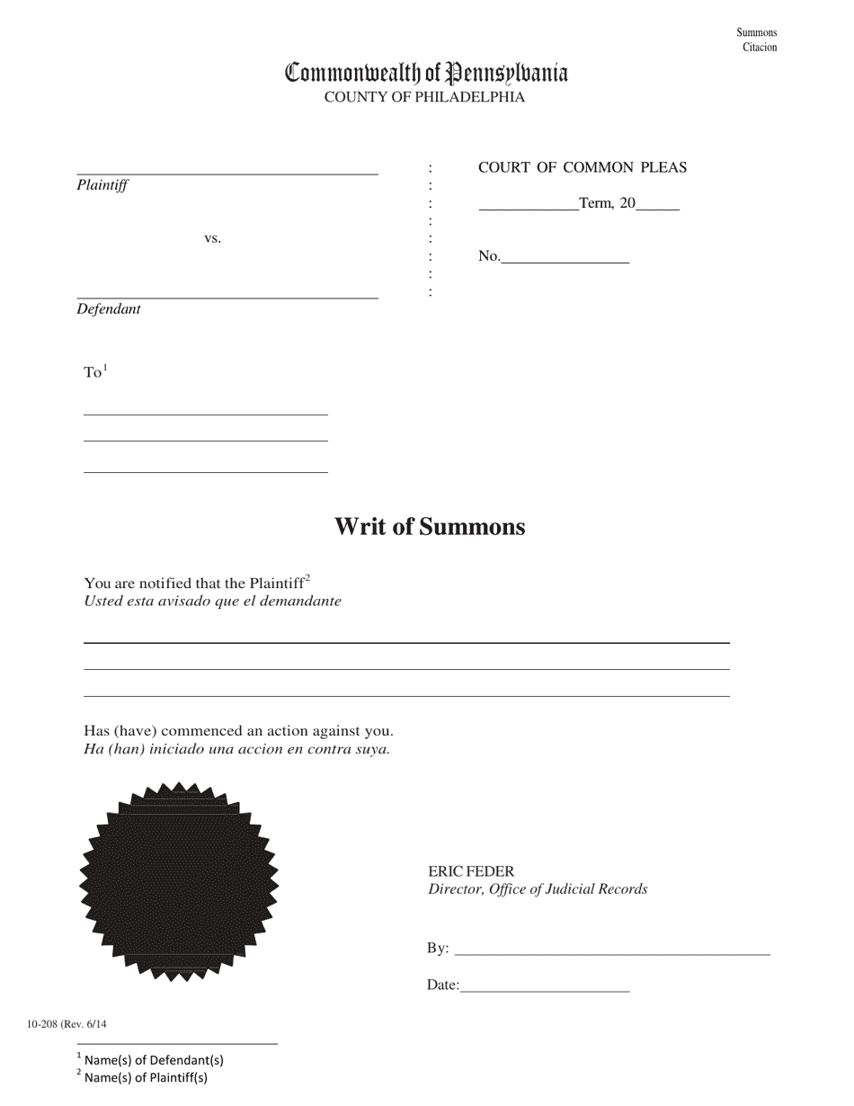 Form 10-208 Writ of Summons - Philadelphia County, Pennsylvania, Page 1