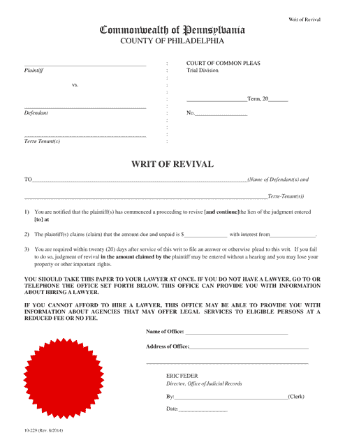 Form 10-229 Writ of Revival - Philadelphia County, Pennsylvania