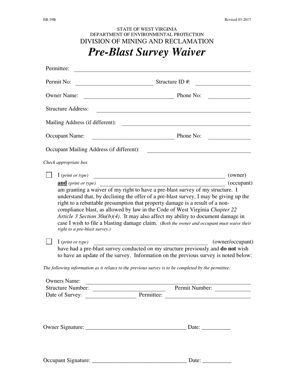 Form EB-39B Pre-blast Survey Waiver - West Virginia, Page 1