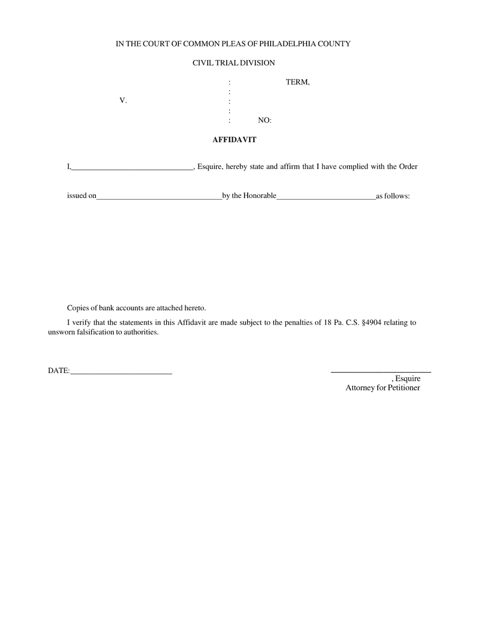 Affidavit of Compliance - Wrongful Death and Survival Proceeding - Philadelphia County, Pennsylvania, Page 1