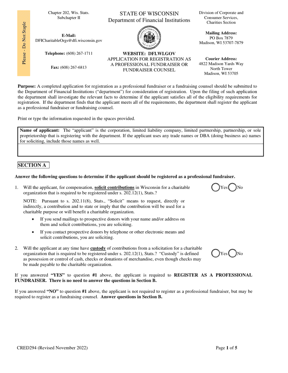 Form CRED294 Application for Registration as a Professional Fundraiser or Fundraiser Counsel - Wisconsin, Page 1
