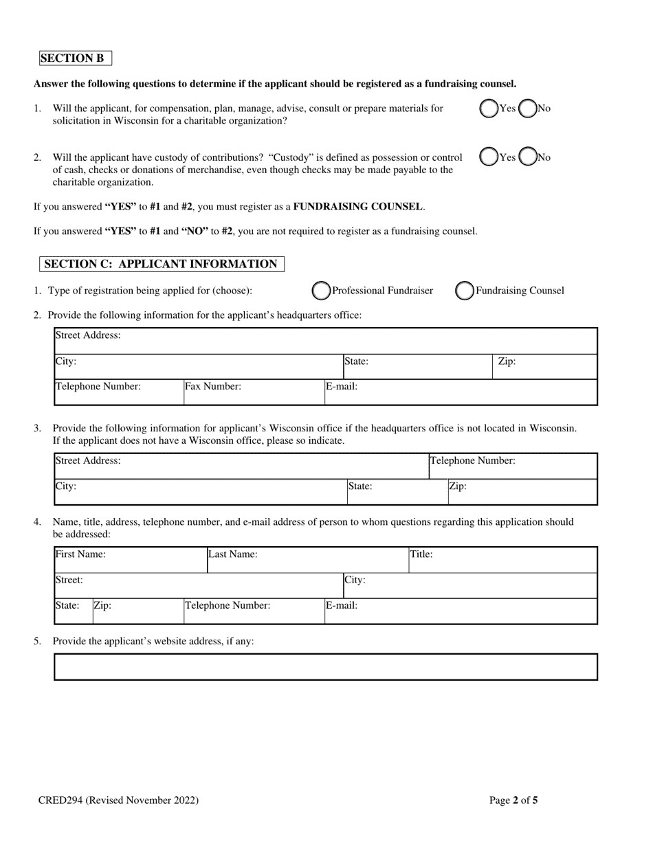 Form CRED294 Application for Registration as a Professional Fundraiser or Fundraiser Counsel - Wisconsin, Page 2