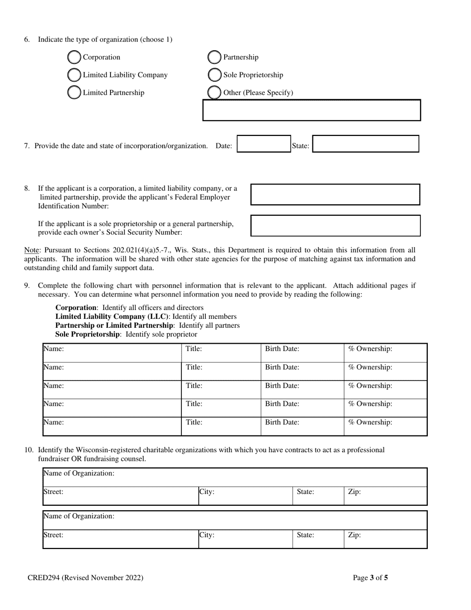 Form CRED294 Application for Registration as a Professional Fundraiser or Fundraiser Counsel - Wisconsin, Page 3
