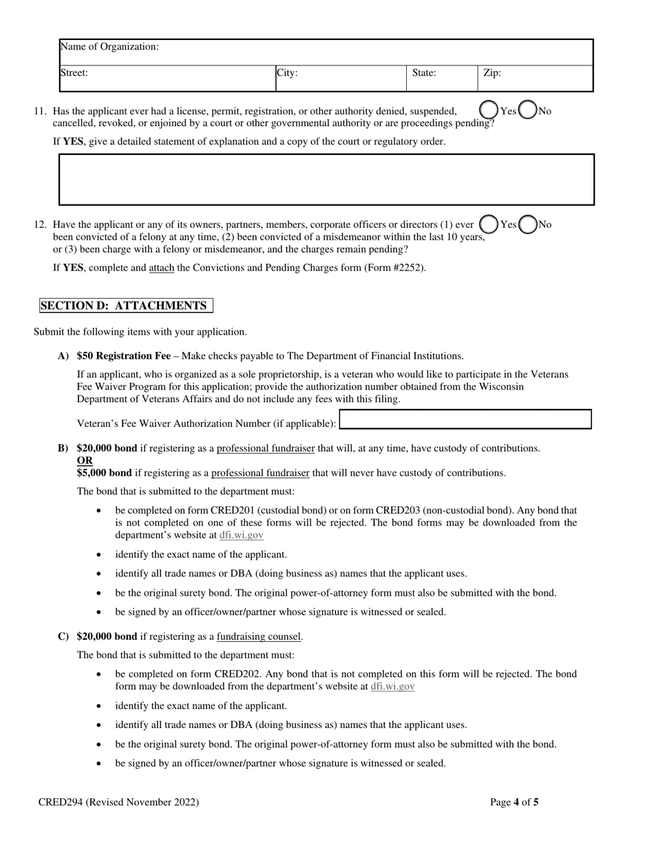 Form CRED294 Application for Registration as a Professional Fundraiser or Fundraiser Counsel - Wisconsin, Page 4