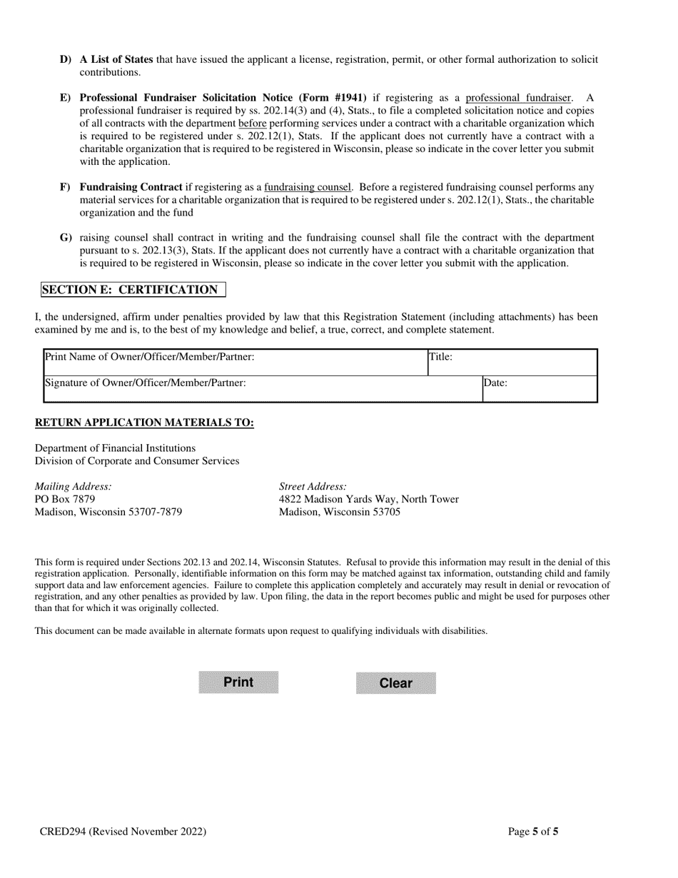 Form CRED294 Application for Registration as a Professional Fundraiser or Fundraiser Counsel - Wisconsin, Page 5
