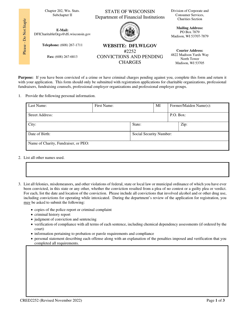 Form CRED2252 Convictions and Pending Charges - Wisconsin, Page 1
