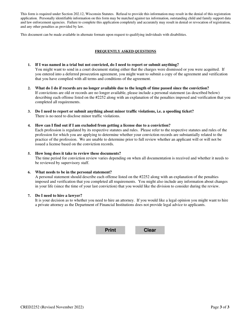 Form CRED2252 Convictions and Pending Charges - Wisconsin, Page 3