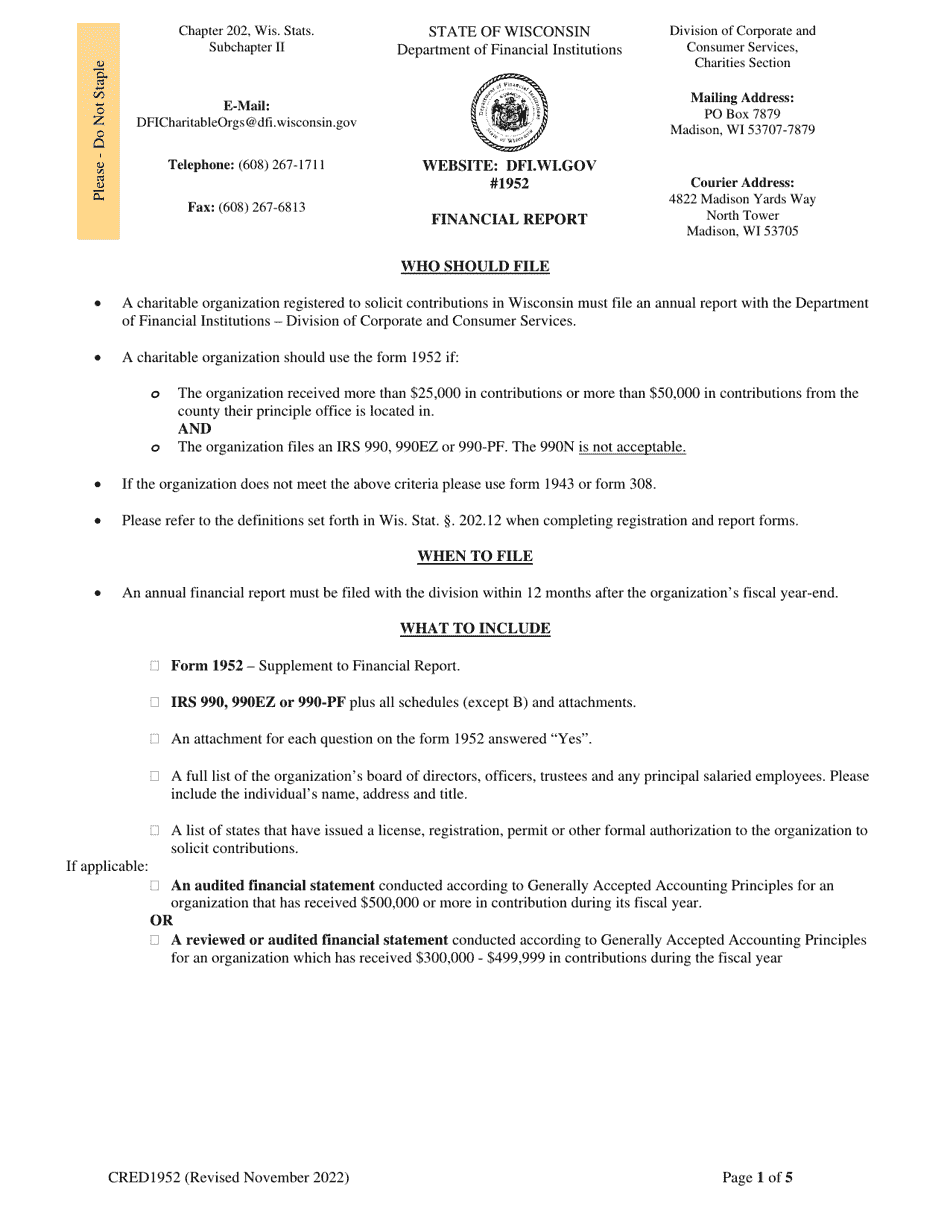 Form CRED1952 Financial Report - Wisconsin, Page 1