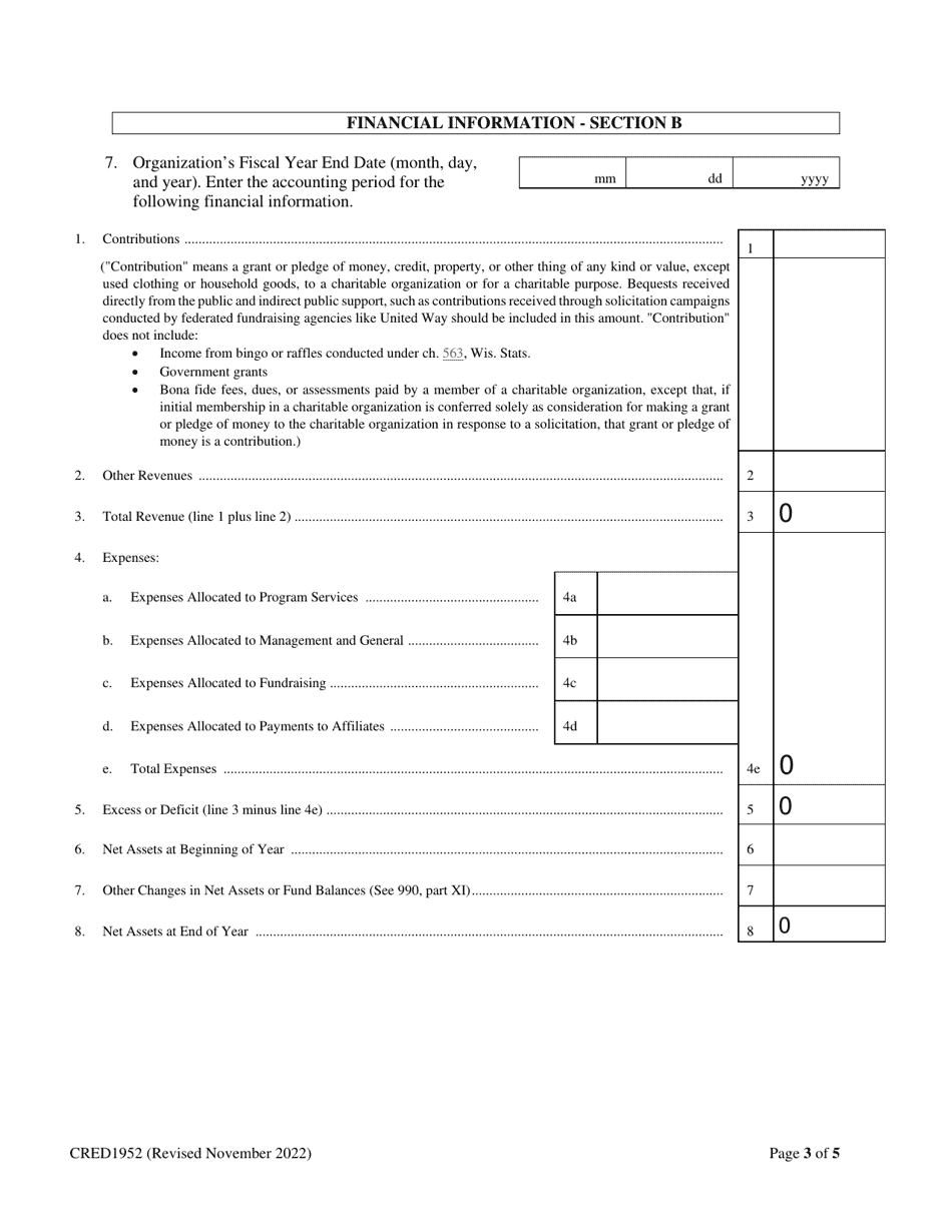 Form CRED1952 Financial Report - Wisconsin, Page 3