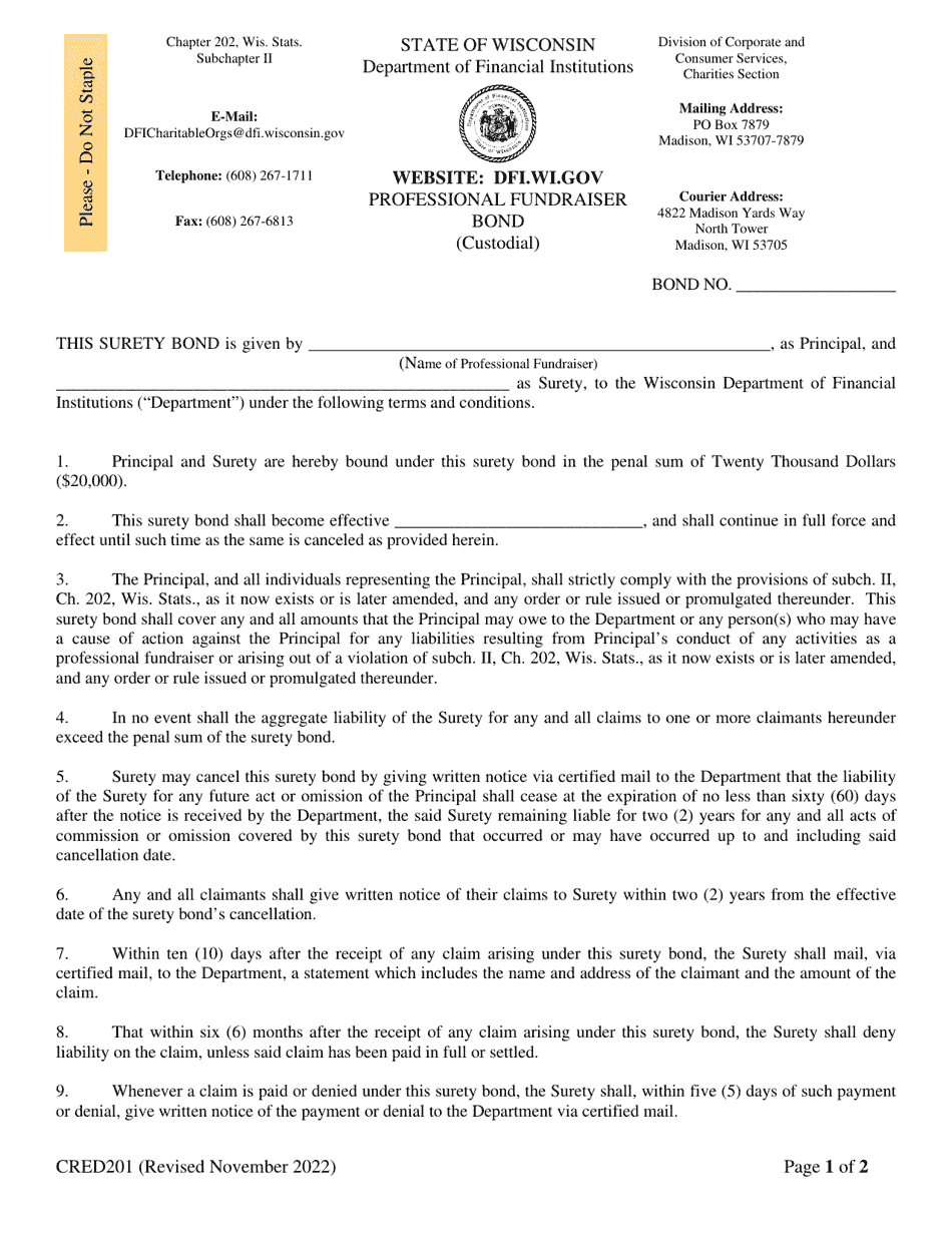 Form CRED201 Professional Fundraiser Bond (Custodial) - Wisconsin, Page 1