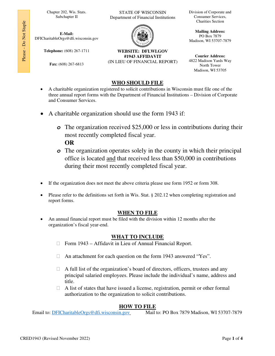 Form CRED1943 Affidavit in Lieu of Annual Financial Report - Wisconsin, Page 1